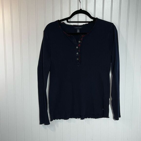 Tommy Hilfiger 1/4 Button Top Women’s XLarge Blue Long Sleeve Ruffled Neck & Hem - Picture 1 of 11